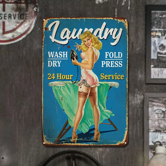 Vintage Laundry Service Pin-Up Girl Metal Tin Sign