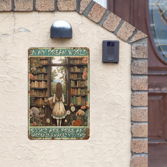"In My Dream World" Books & Gardening Metal Tin Sign