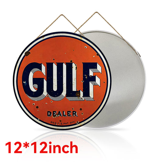 Gulf Dealer Round Metal Sign – Vintage Garage Decor
