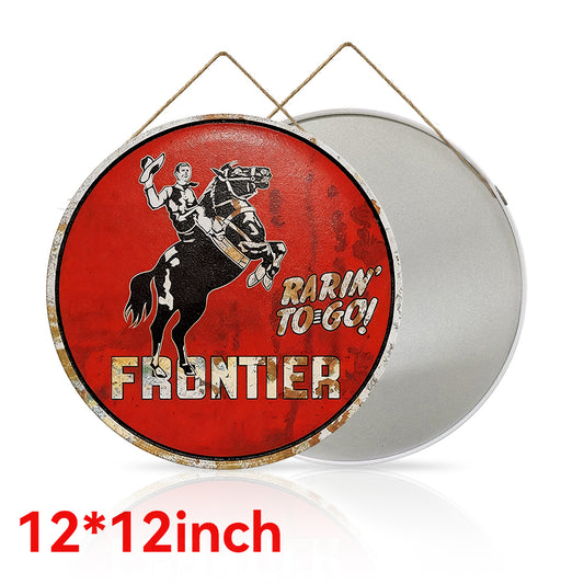 Frontier Gasoline “Rarin’ To-Go!” Round Metal Sign