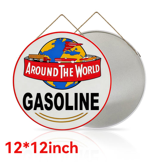 Around The World Gasoline Round Metal Sign