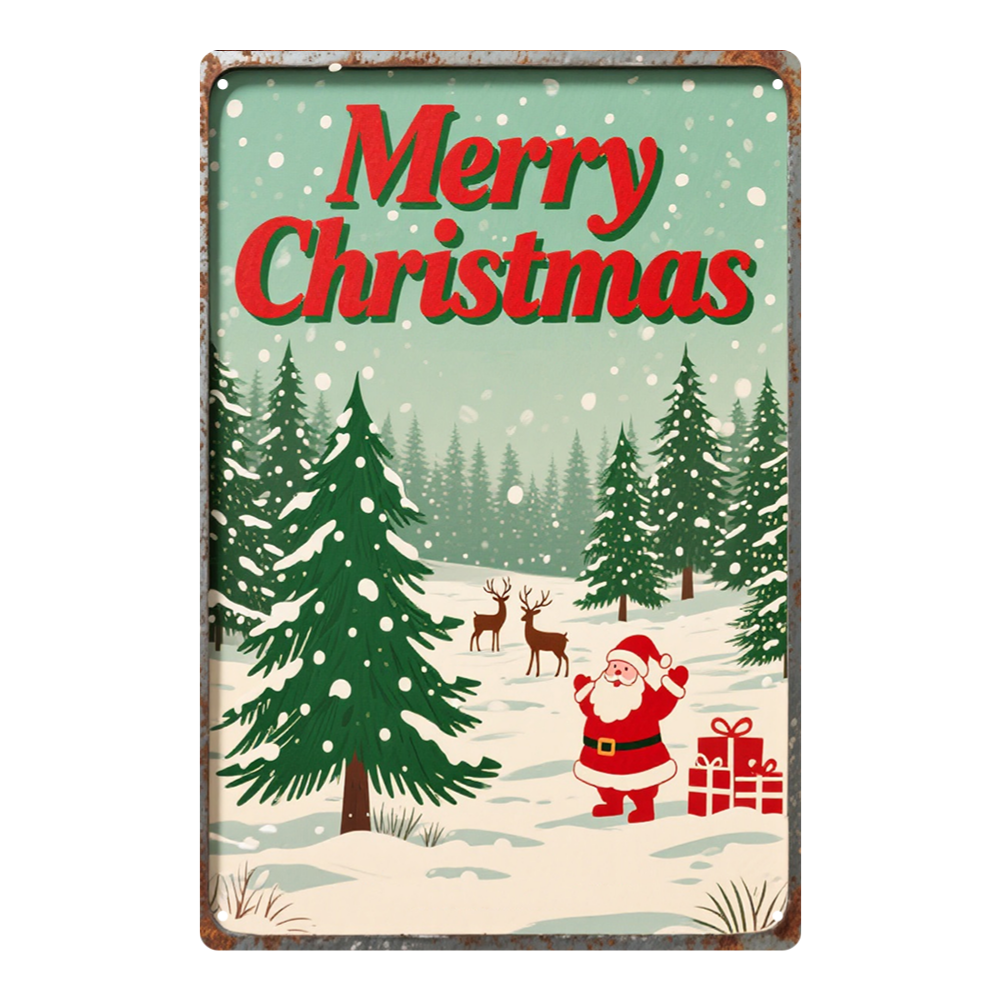Merry Christmas – Santa with Gifts & Reindeer Snow Scene