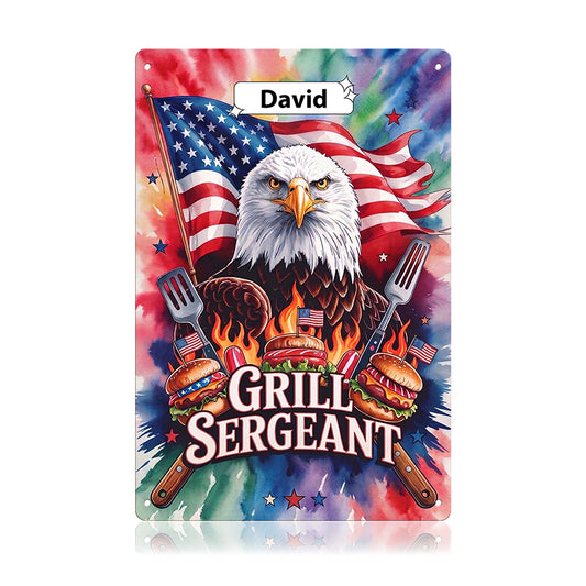 Grill Sergeant Metal Sign – Custom Name Patriotic BBQ Wall Decor Gift for Dad
