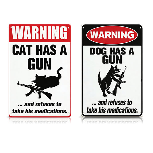 Funny Warning Dog & Cat Metal Sign