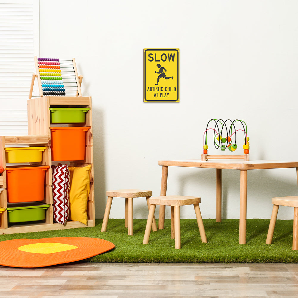 Slow – Autistic Child at Play Safety Sign (Yellow/Black)