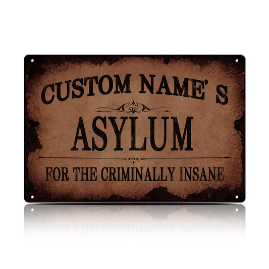 Custom Name’s Asylum Metal Sign – Personalized Horror Halloween Wall Decor