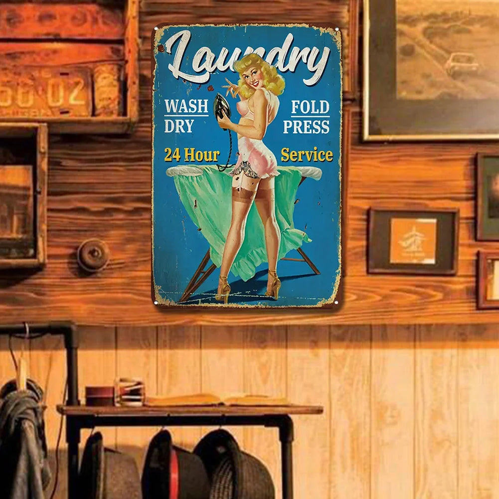 Vintage Laundry Service Pin-Up Girl Metal Tin Sign