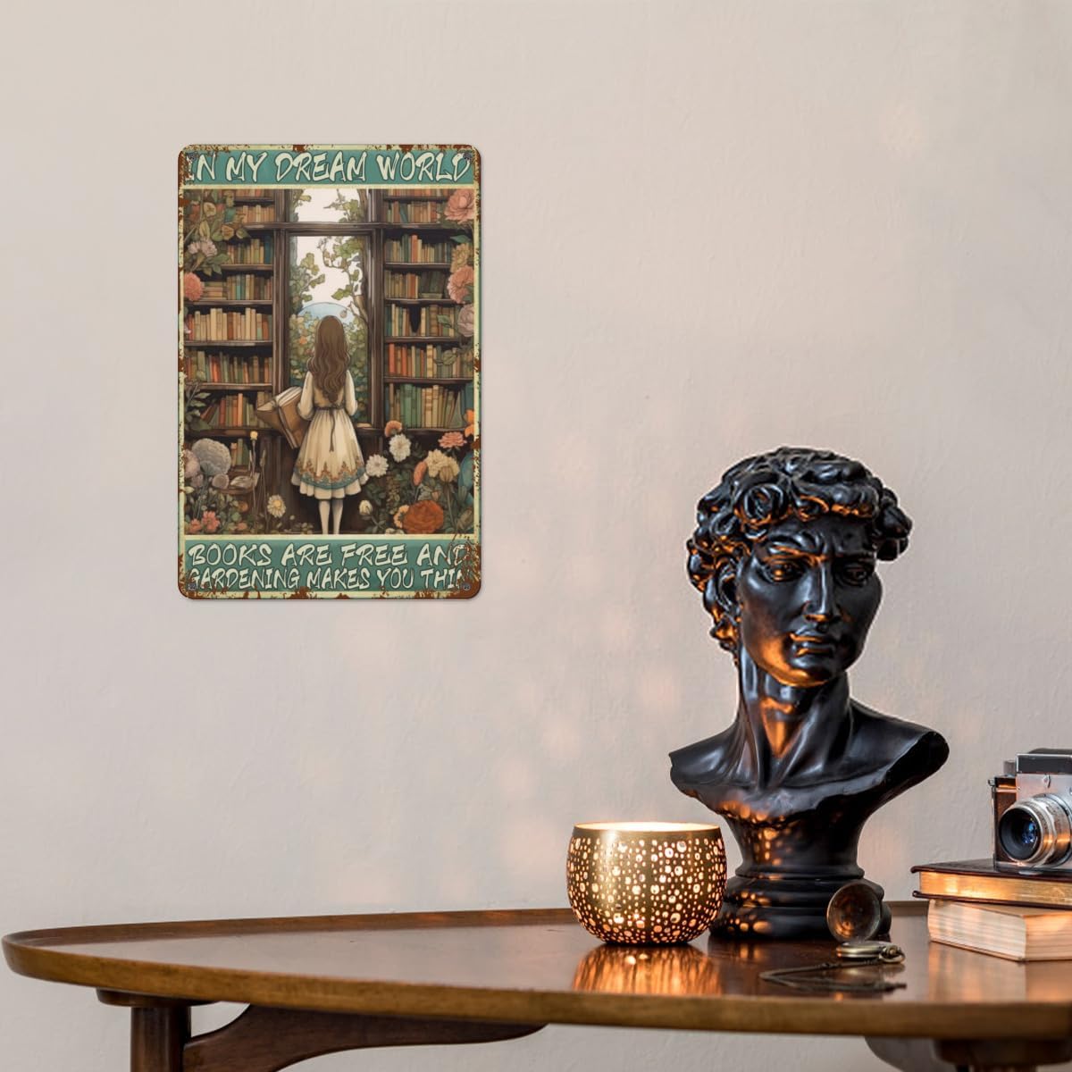"In My Dream World" Books & Gardening Metal Tin Sign