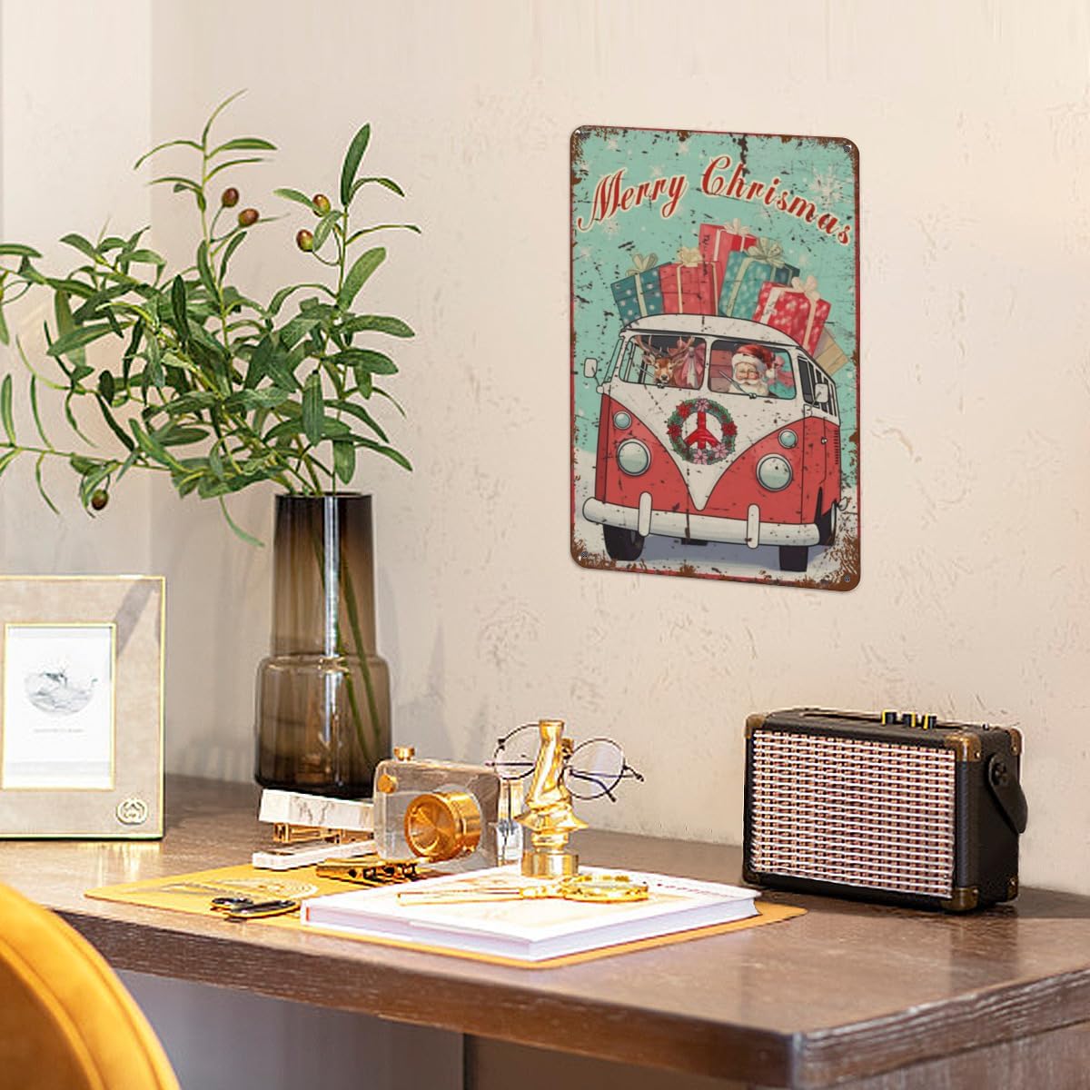 Merry Christmas Santa & Reindeer VW Bus