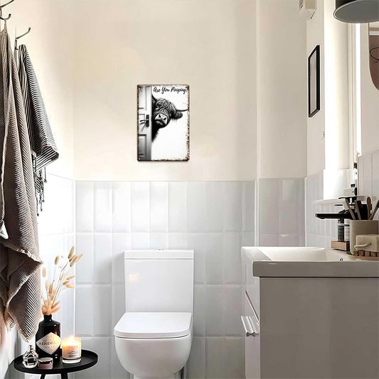 Funny Highland Cow Bathroom Metal Sign – “Are You Pooping?”