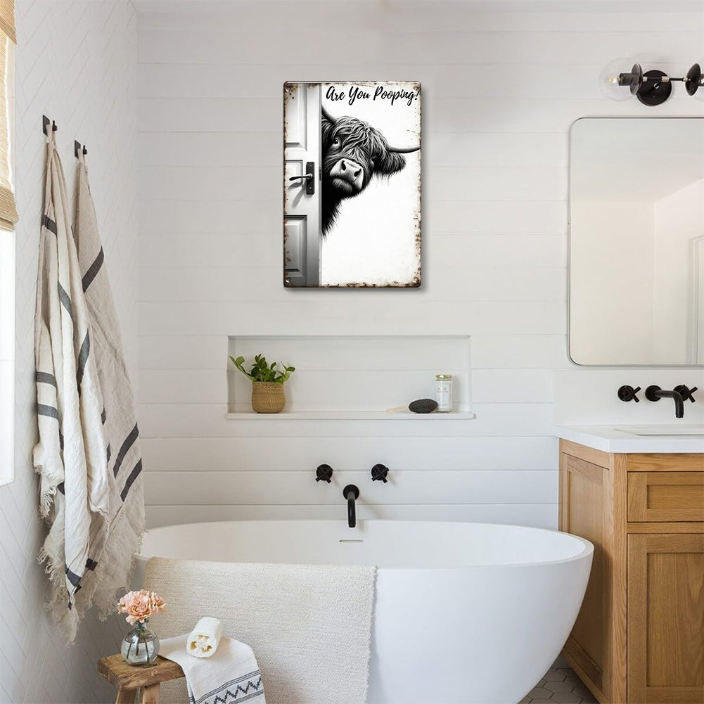 Funny Highland Cow Bathroom Metal Sign – “Are You Pooping?”