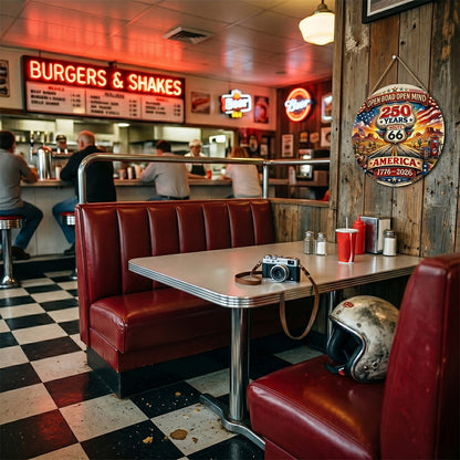 America 250th Anniversary Route 66 Round Metal Sign