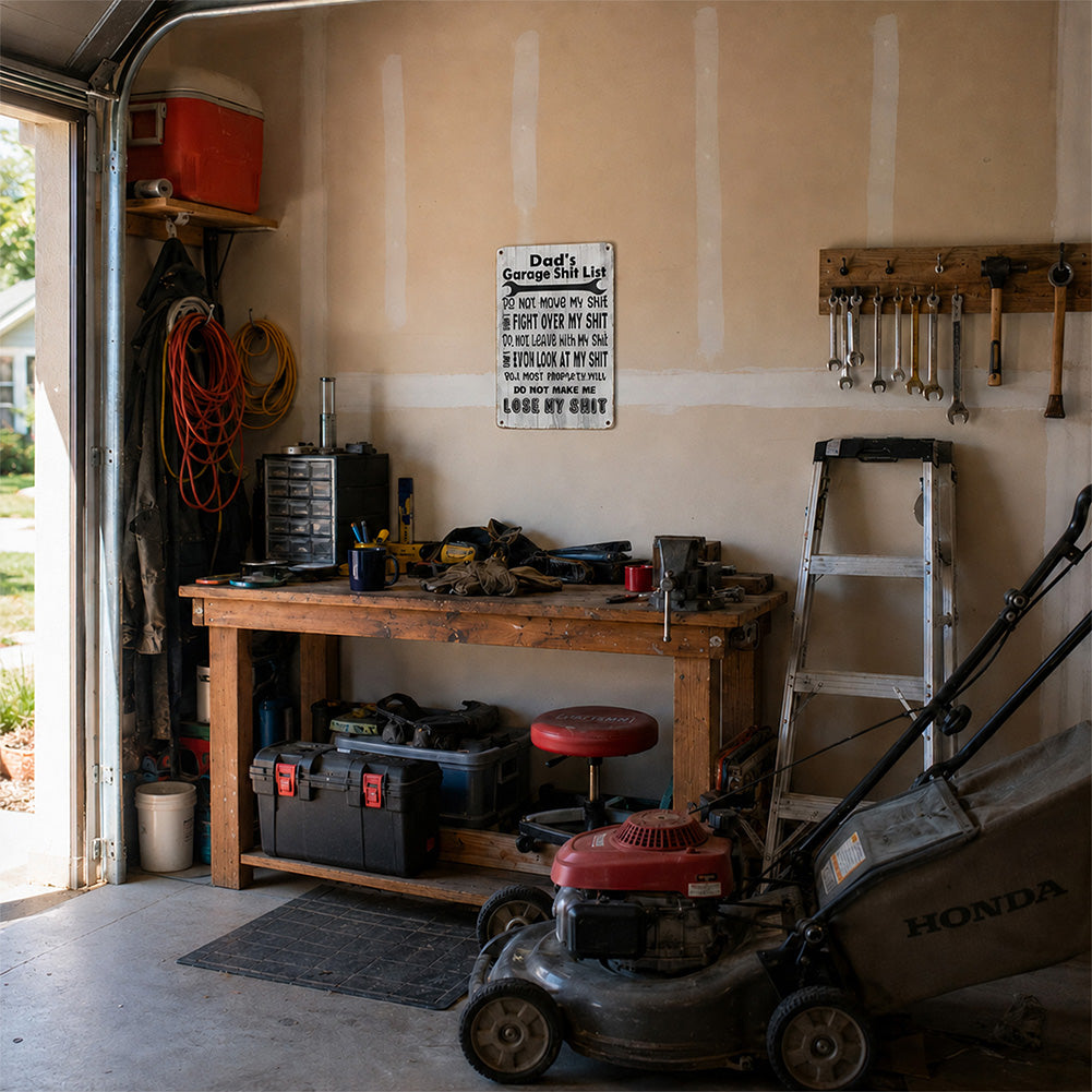 Dad’s Garage Shit List Metal Sign – Funny Garage Rules Wall Decor