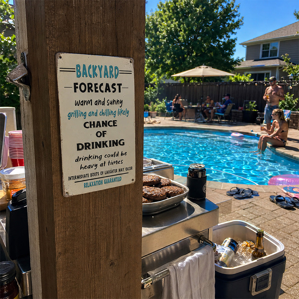 Funny Backyard Forecast Metal Sign - Grilling and Chilling