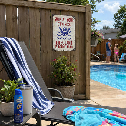 Swim At Your Own Risk Metal Sign – Funny Pool Fence Decor