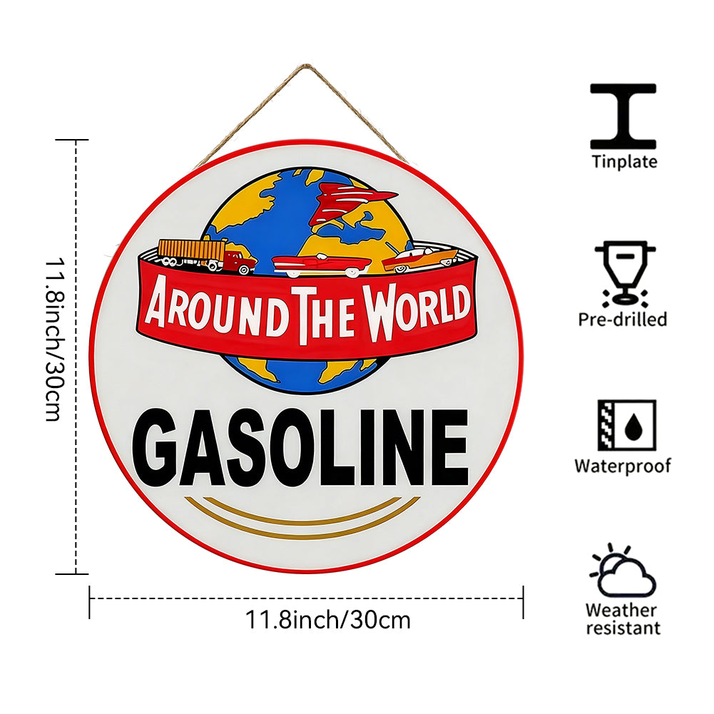 Around The World Gasoline Round Metal Sign