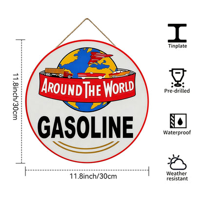 Around The World Gasoline Round Metal Sign