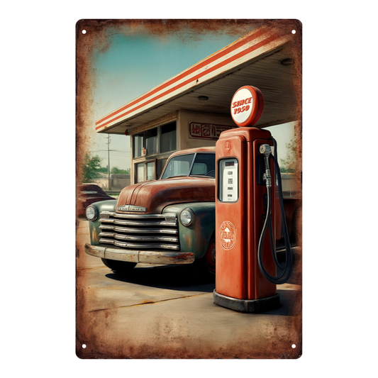 Vintage Pickup Truck at Gas Station