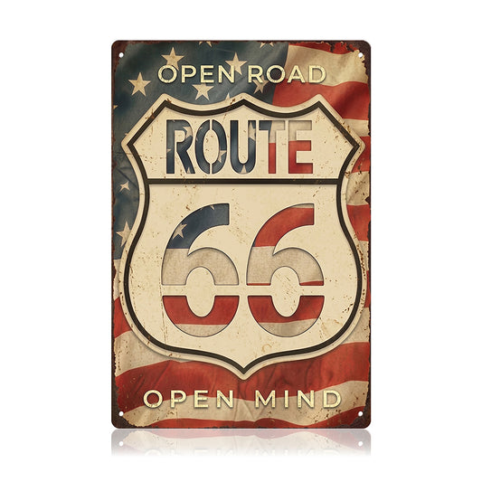 Patriotic Americana Wall Decor - Open Road Route 66 Open Mind Metal Sign
