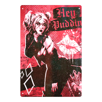 Harley Quinn 'Hey Puddin' Tin Sign – Red & Black Punk Art