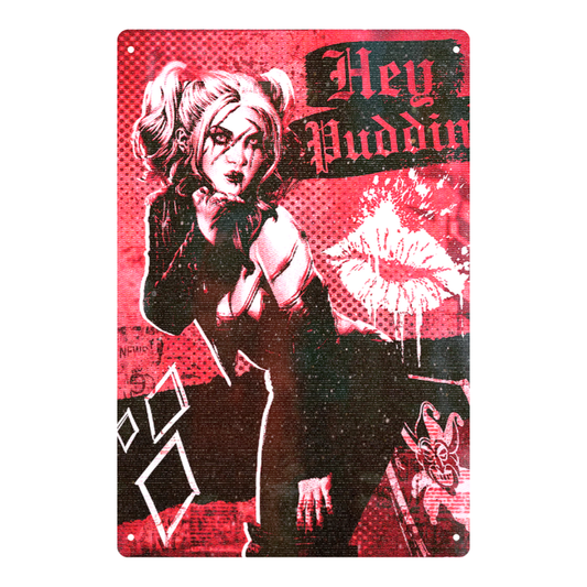 Harley Quinn 'Hey Puddin' Tin Sign – Red & Black Punk Art