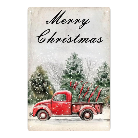 Merry Christmas Vintage Red Truck with Tree