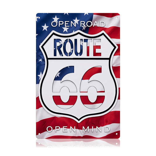 Patriotic Americana Wall Decor - Open Road Route 66 Open Mind Metal Sign