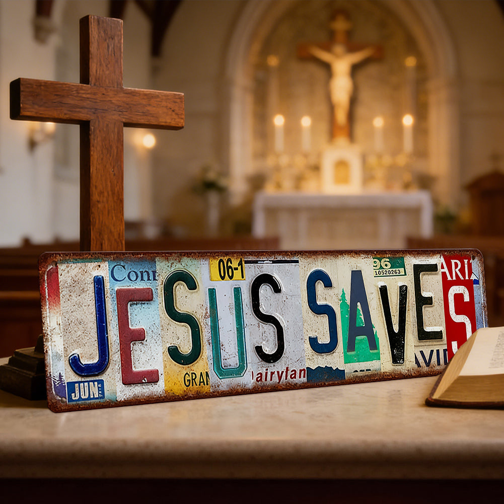 Jesus Saves Vintage License Plate Metal Sign