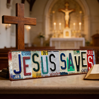 Jesus Saves Vintage License Plate Metal Sign