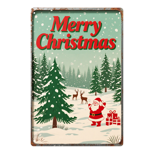 Merry Christmas – Santa with Gifts & Reindeer Snow Scene