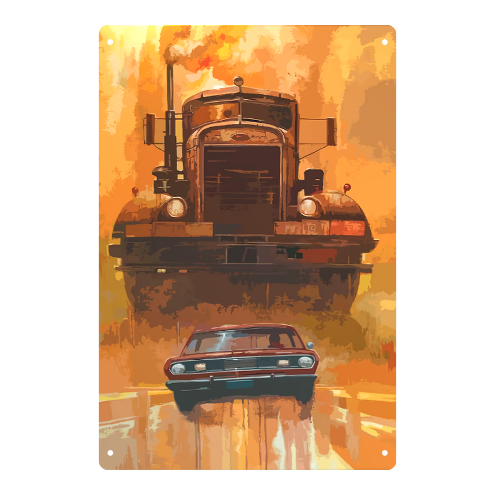 Duel Truck vs. Car Retro Tin Sign