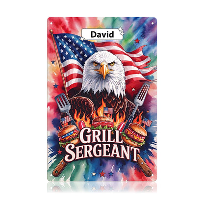 Grill Sergeant Metal Sign – Custom Name Patriotic BBQ Wall Decor Gift for Dad