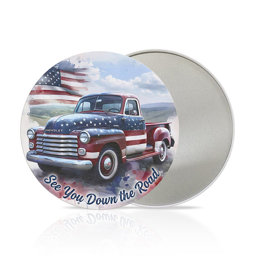 Patriotic Pickup Truck Round Metal Sign – See You Down the Road