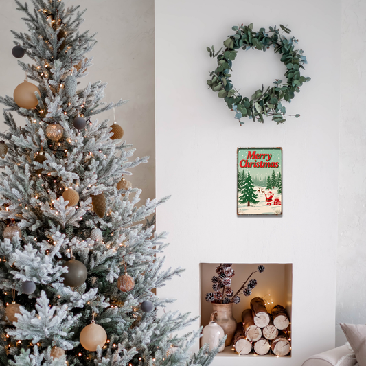 Merry Christmas – Santa with Gifts & Reindeer Snow Scene