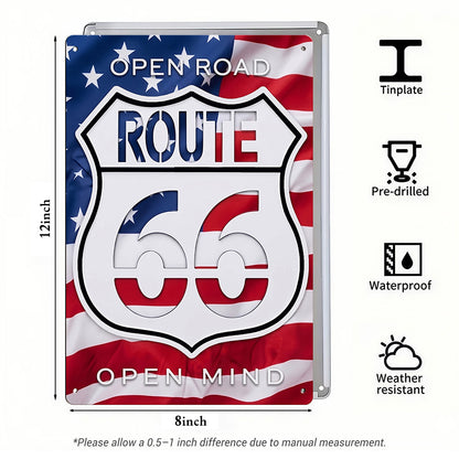 Patriotic Americana Wall Decor - Open Road Route 66 Open Mind Metal Sign