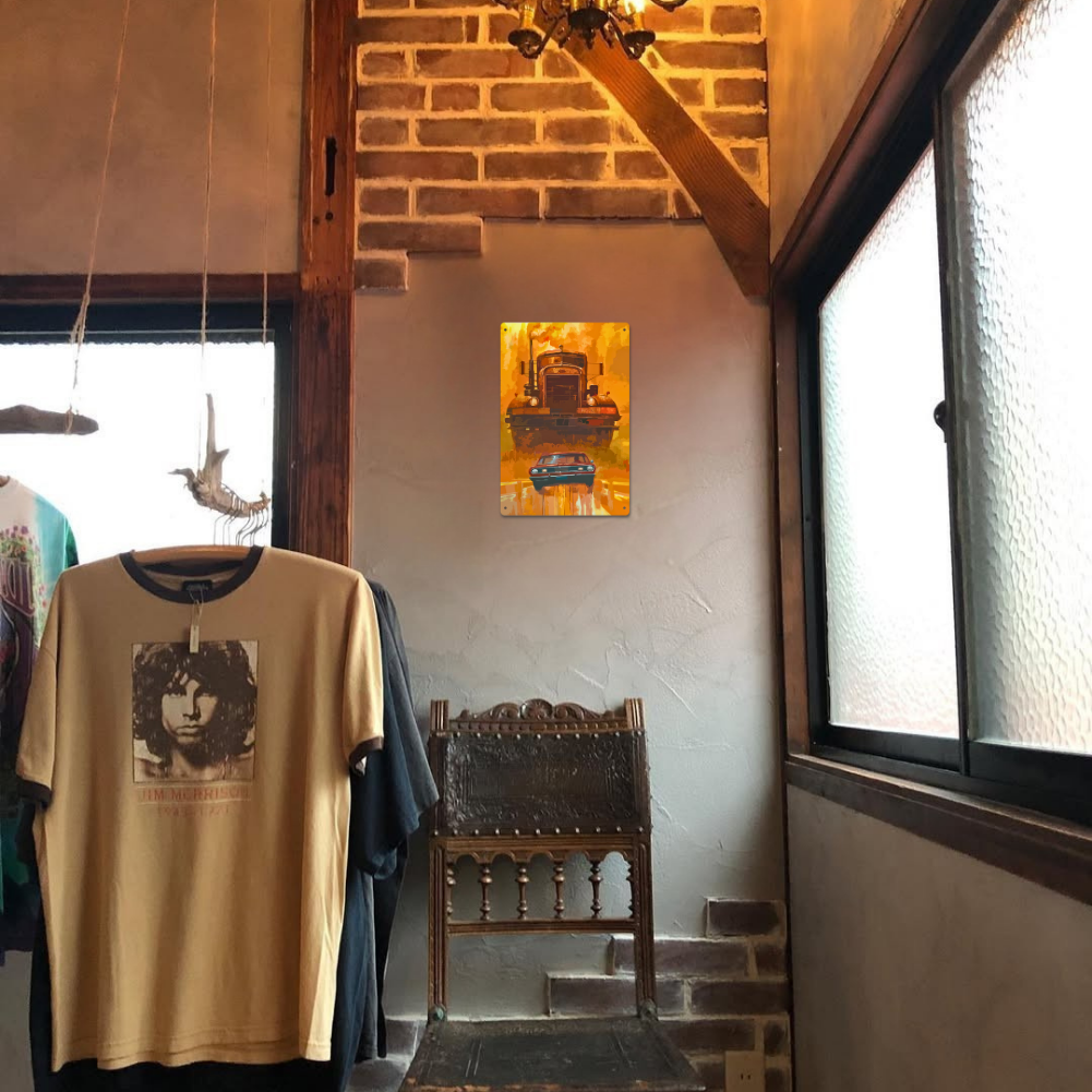 Duel Truck vs. Car Retro Tin Sign