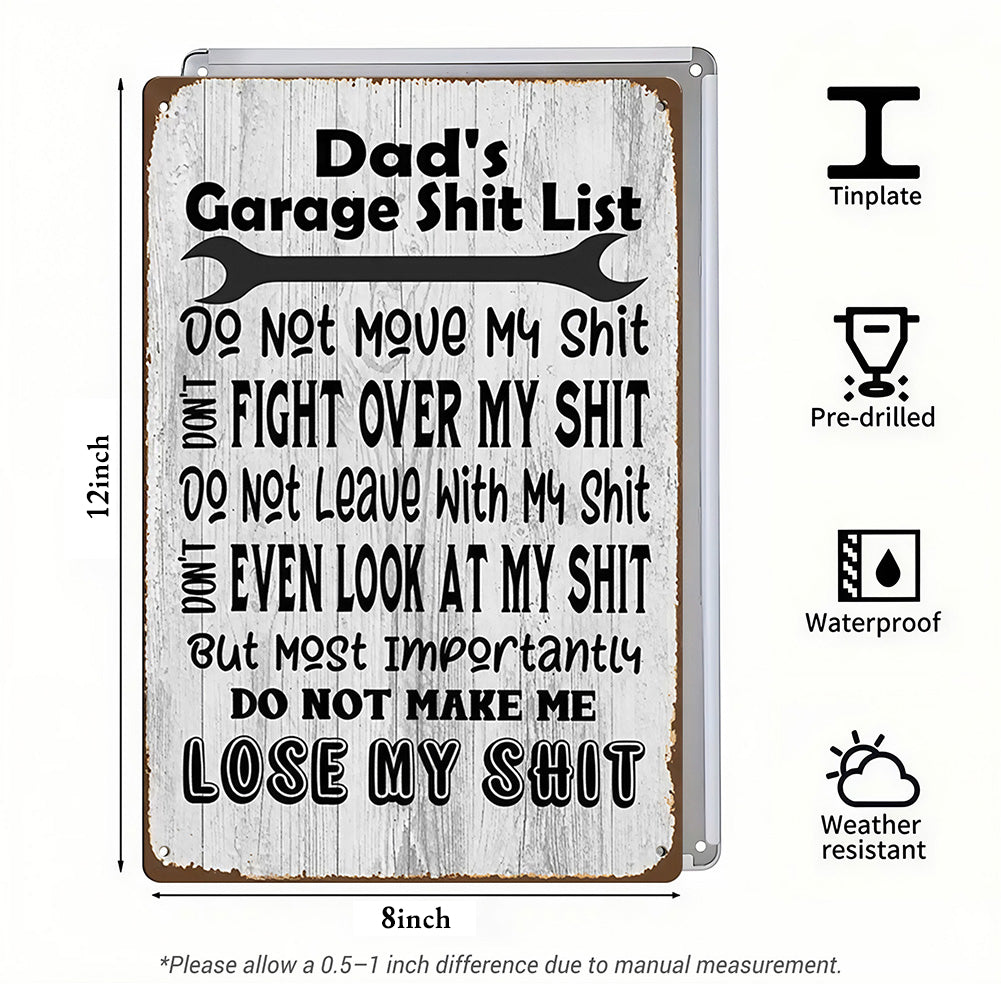 Dad’s Garage Shit List Metal Sign – Funny Garage Rules Wall Decor