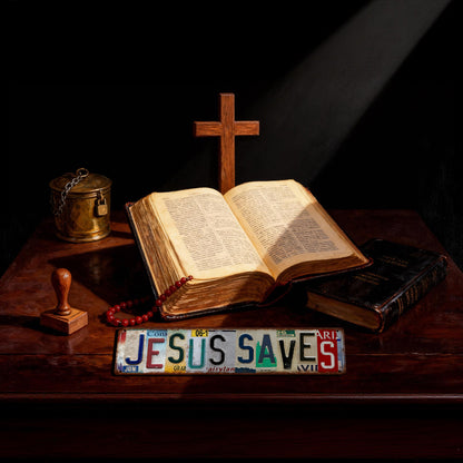 Jesus Saves Vintage License Plate Metal Sign