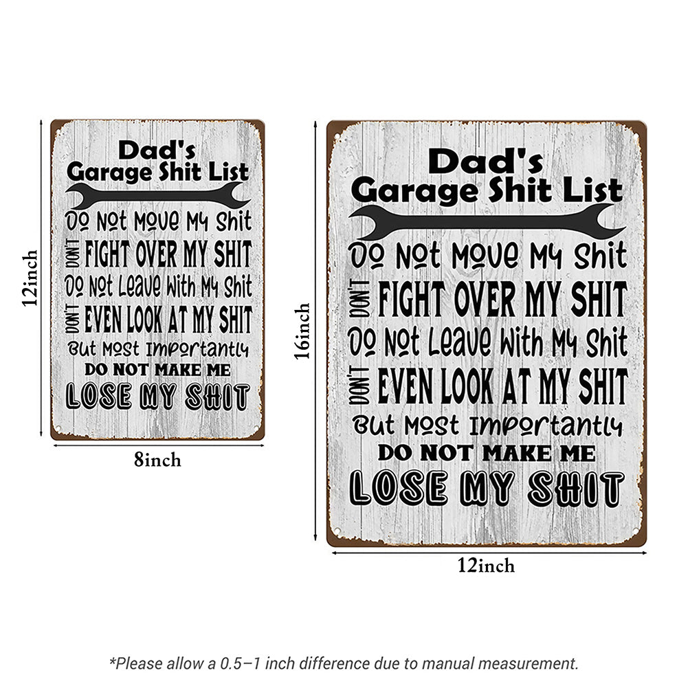 Dad’s Garage Shit List Metal Sign – Funny Garage Rules Wall Decor