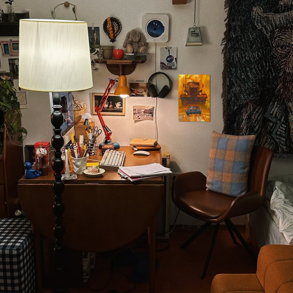 Duel Truck vs. Car Retro Tin Sign