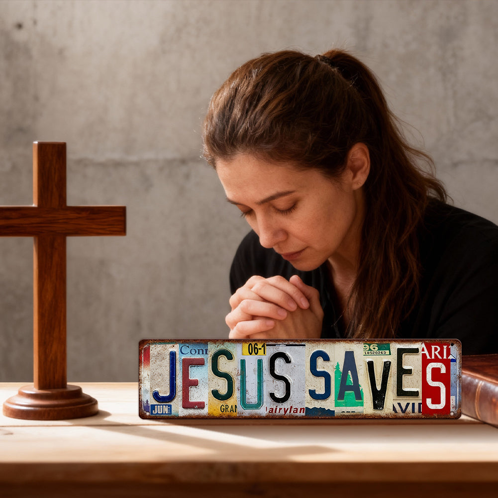 Jesus Saves Vintage License Plate Metal Sign