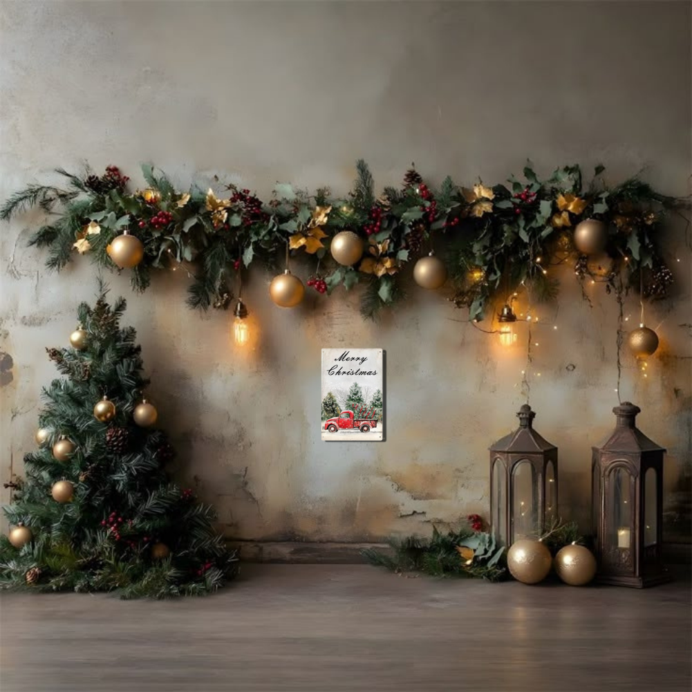 Merry Christmas Vintage Red Truck with Tree