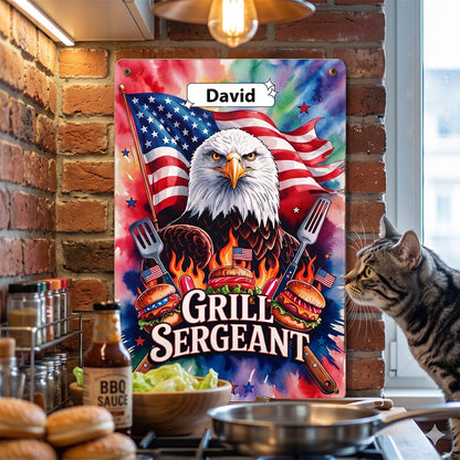 Grill Sergeant Metal Sign – Custom Name Patriotic BBQ Wall Decor Gift for Dad