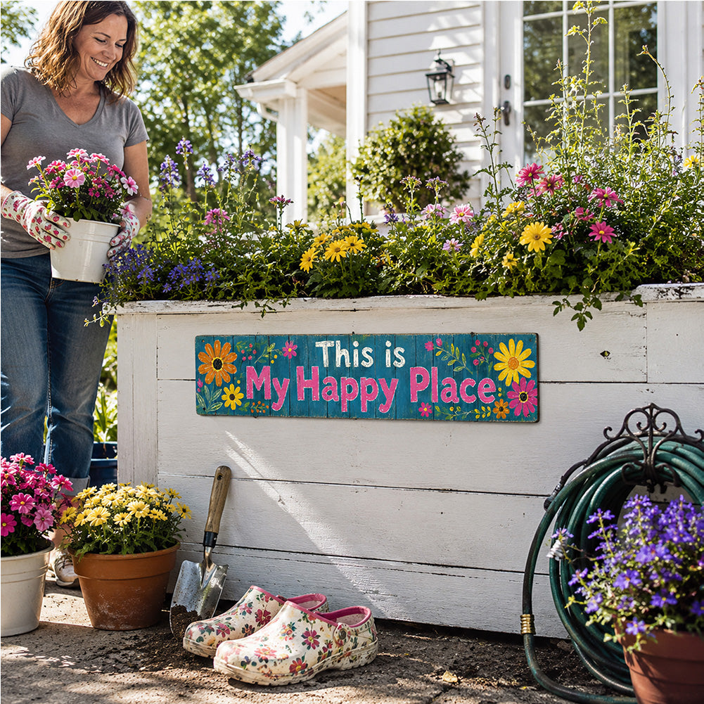 This Is My Happy Place Metal Garden Sign – Floral Patio Fence Decor