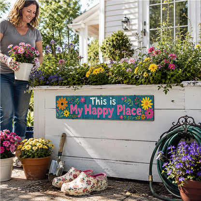This Is My Happy Place Metal Garden Sign – Floral Patio Fence Decor
