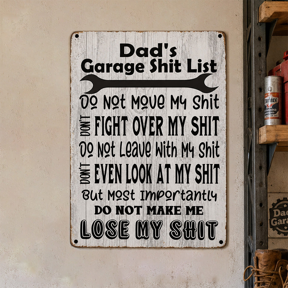 Dad’s Garage Shit List Metal Sign – Funny Garage Rules Wall Decor