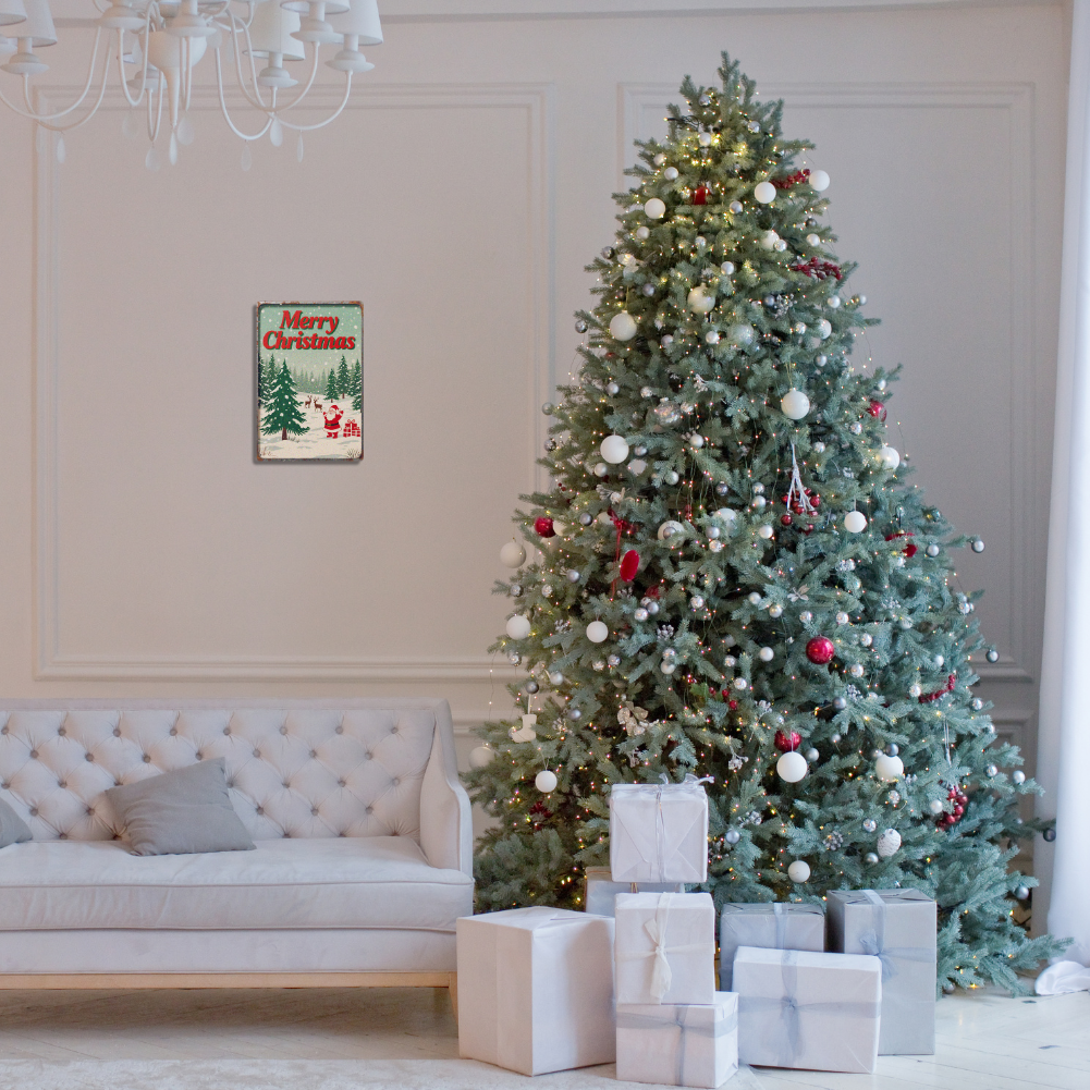 Merry Christmas – Santa with Gifts & Reindeer Snow Scene