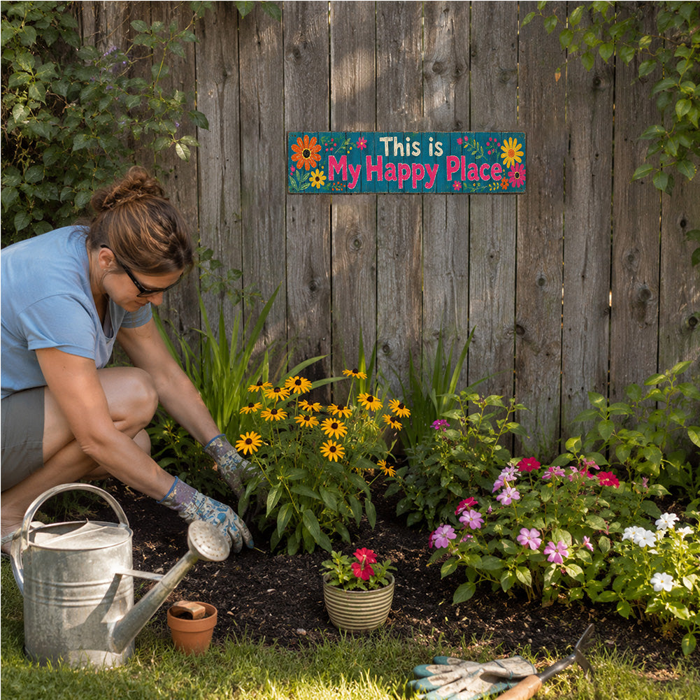 This Is My Happy Place Metal Garden Sign – Floral Patio Fence Decor