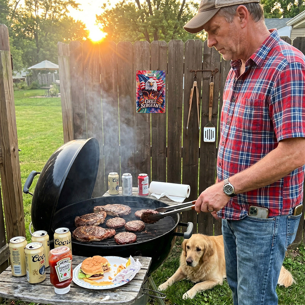 Grill Sergeant Metal Sign – Custom Name Patriotic BBQ Wall Decor Gift for Dad