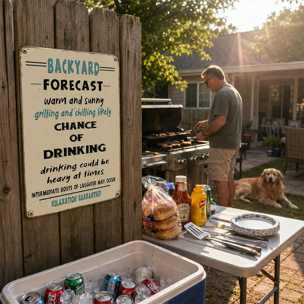 Funny Backyard Forecast Metal Sign - Grilling and Chilling